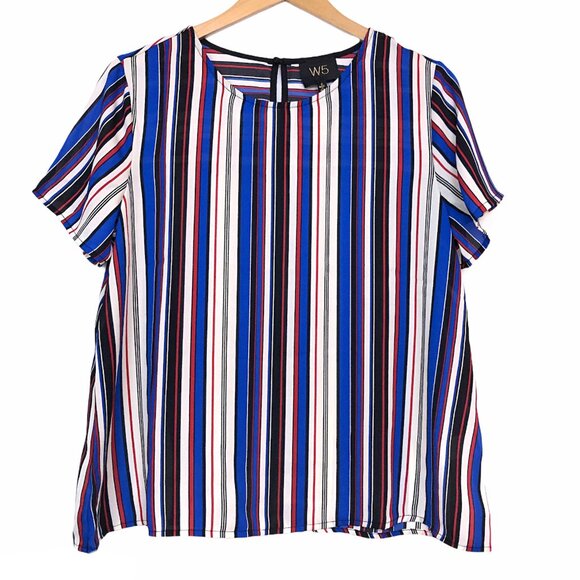 NEW NWOT W5 ANTHROPOLOGIE ANTHRO Blue Cream Red Striped Short Sleeve Work Blouse - Picture 2 of 7